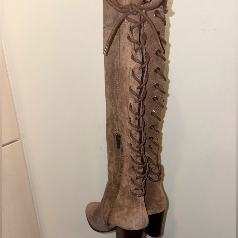 Sam Edelman Tan Camel Brown Suede Over the Knee Lace Up Heeled Boots Size 8 - Picture 6 of 9